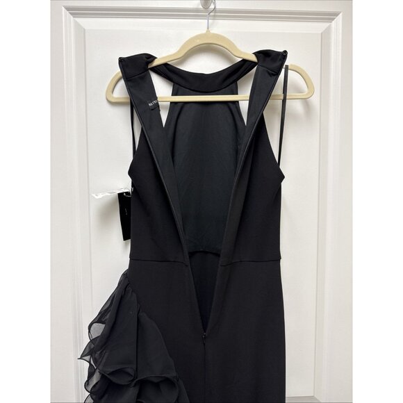 Betsy & Adam Size 4 Black Ruffle Asymmetric Halter Formal Prom Dress Gown $340 - Picture 10 of 12